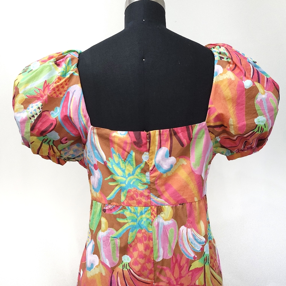 Farm Rio Fruit Salad Pastel Maxamilist Puff Sleeve Fruit Hearts Print Maxi Dress - Picture 6 of 14